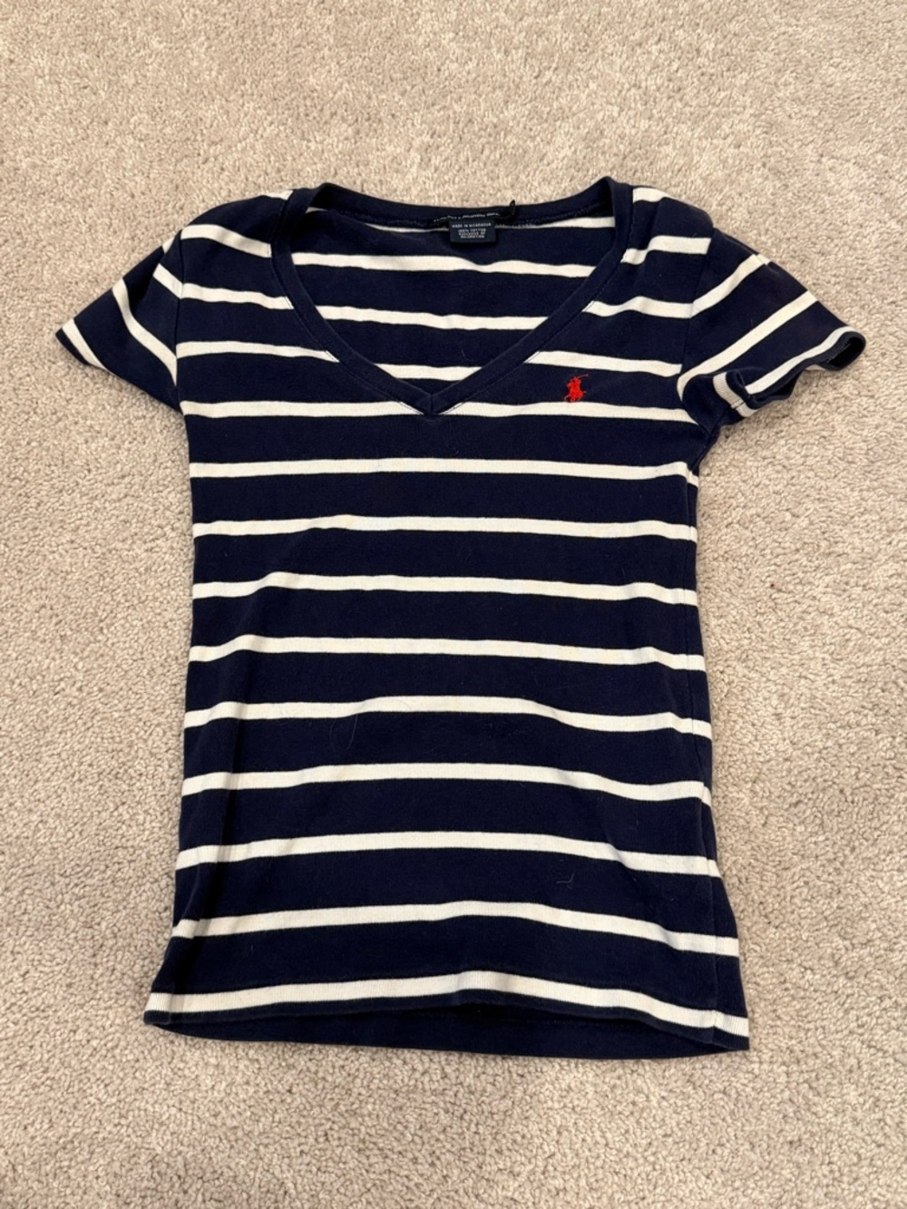 Polo by Ralph Lauren Navy & White Striped V-Neck Tee with Red Pony